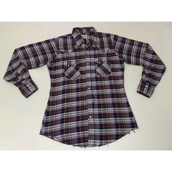Dee Cee Other - Dee Cee Vintage 80s Red Blue Plaid Pearl Snap Western Raw Hem Shirt 15 1/2 - 35